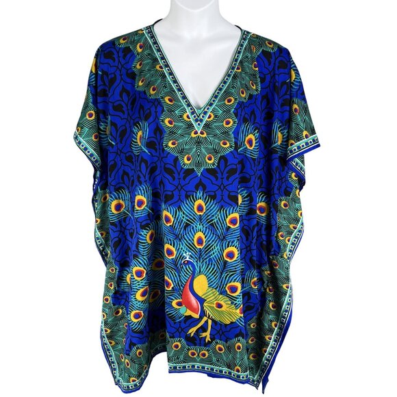 Jovie One Size Peacock Floral Kaftan Long Dress Pockets Vibrant Multicolor Boho - Picture 8 of 14